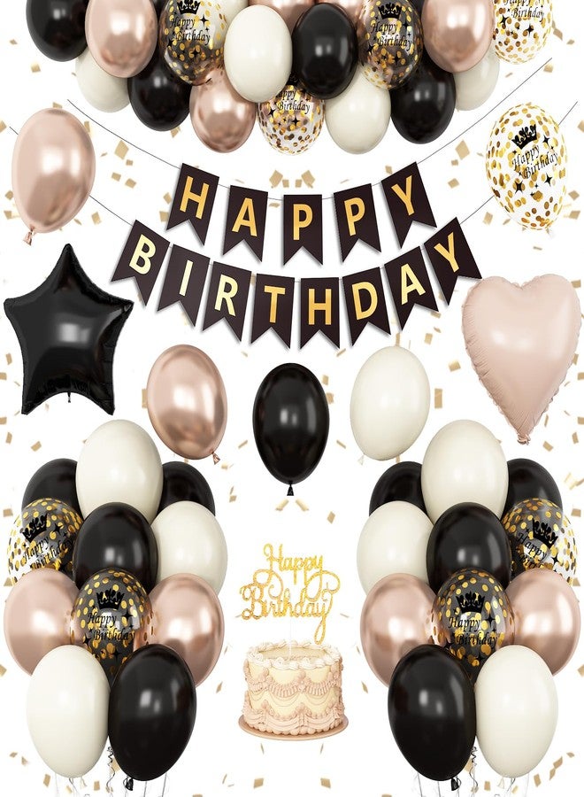 Vibzox Black Gold Birthday Decorations for Women Men,Party Decorations Sand White Champagne Gold Balloon Heart Star Foil Balloons Happy Birthday Banner Boho Birthday Party Decor - Image 1